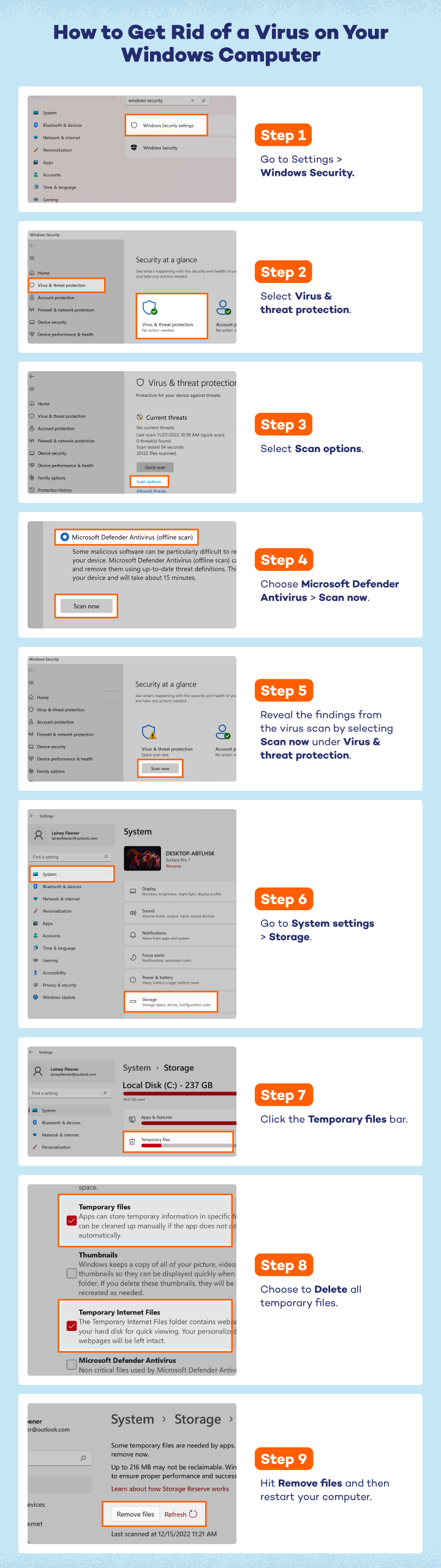 Steps showing how to get rid of a virus on your windows computer